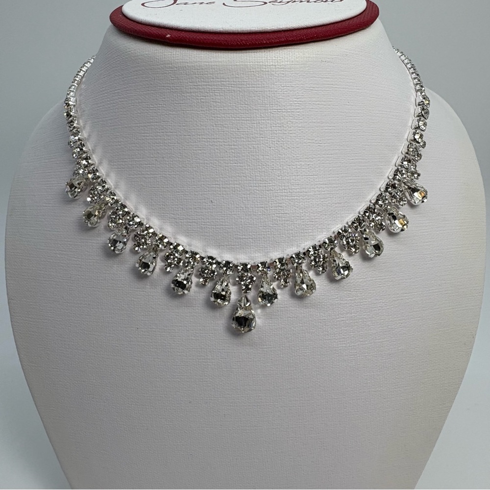 Silver Tone Crystal Dangling Teardrop Bib Necklace And Earrings Set, Brand New